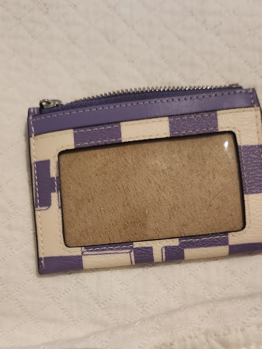 Coach Purple and Cream Checkerboard Card Case with Keyring